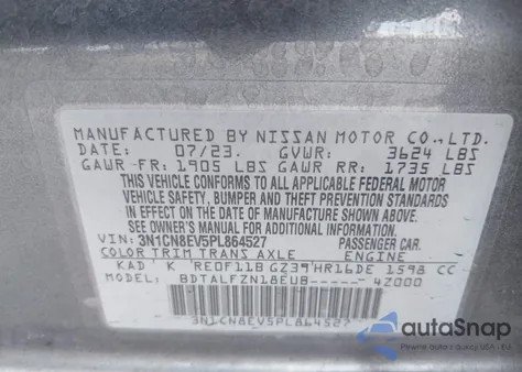 2023 Nissan Versa 1.6 Sv Xtronic Cvt from USA, damaged, VIN 3N1CN8EV5PL864527